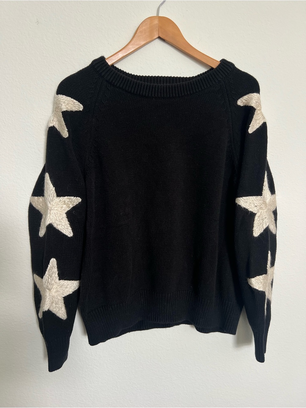 Wildfox Black Crewneck Sweater with Cream Star Sleeves